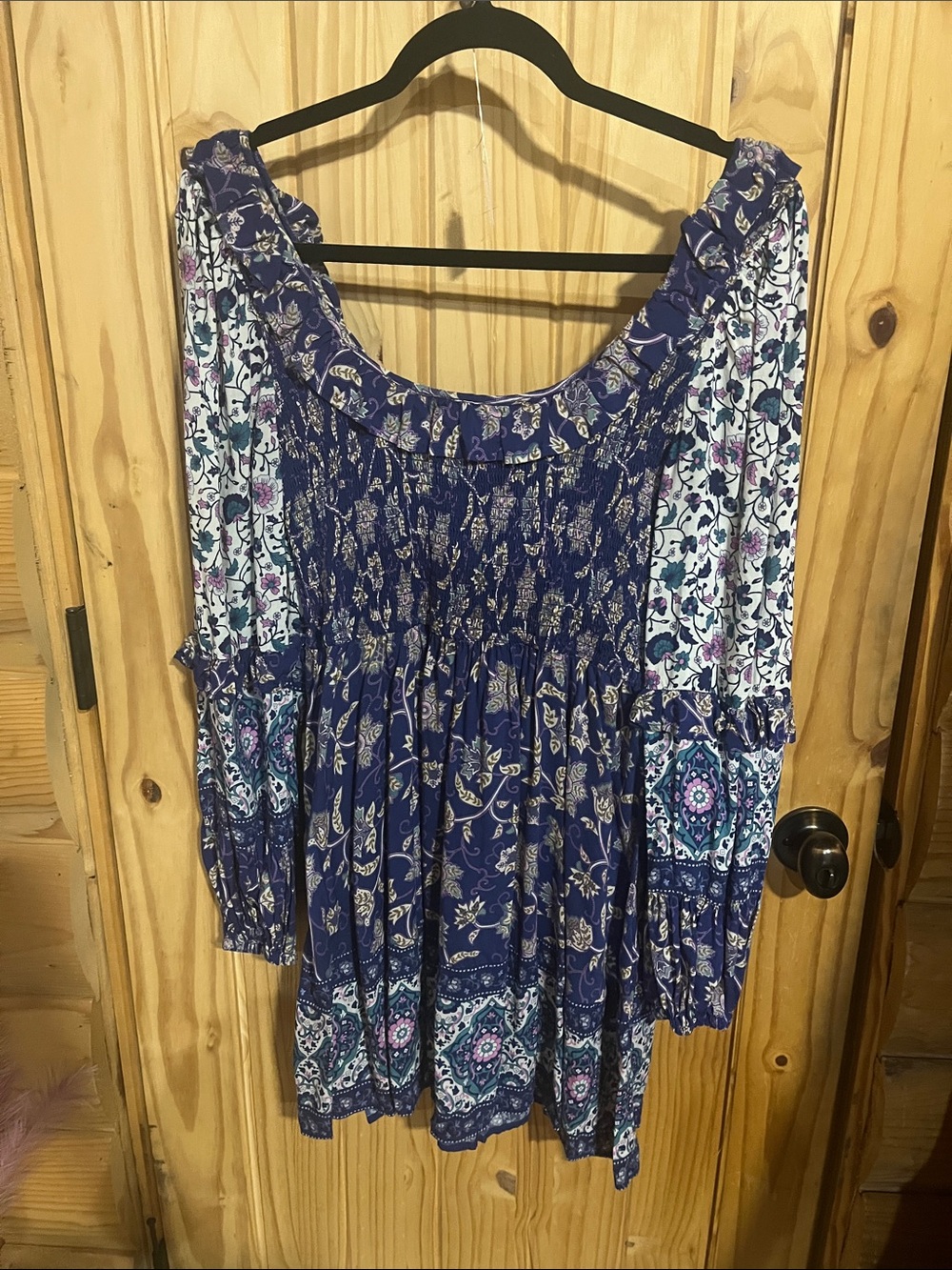 Spell X Nuuly Clairvoyant Floral Patchwork Mini Dress in Blue and White - Picture 4 of 4